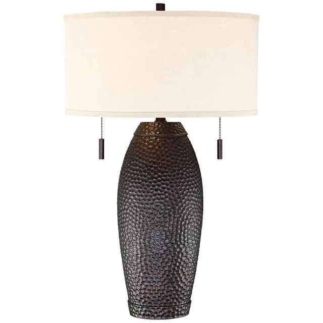 Alt view image 2 of 6 - Noah Rustic Farmhouse Table Lamp 31" Tall Bronze Brown Hammered Textured Oatmeal Fabric Drum Shade for Bedroom Living Room House Bedside Nightstand Home Office Entryway Family