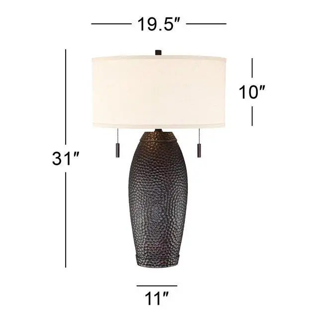 Alt view image 4 of 6 - Noah Rustic Farmhouse Table Lamp 31" Tall Bronze Brown Hammered Textured Oatmeal Fabric Drum Shade for Bedroom Living Room House Bedside Nightstand Home Office Entryway Family