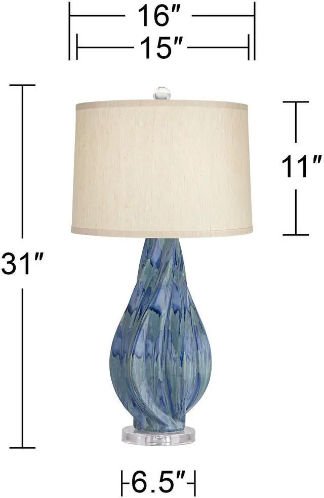 Alt view image 4 of 6 - Teresa Modern Table Lamp with Dimmer and USB Charging Port 31" Tall Teal Blue Ceramic Beige Fabric Drum Shade Living Room Bedroom House Bedside Home Office (Color May Vary)