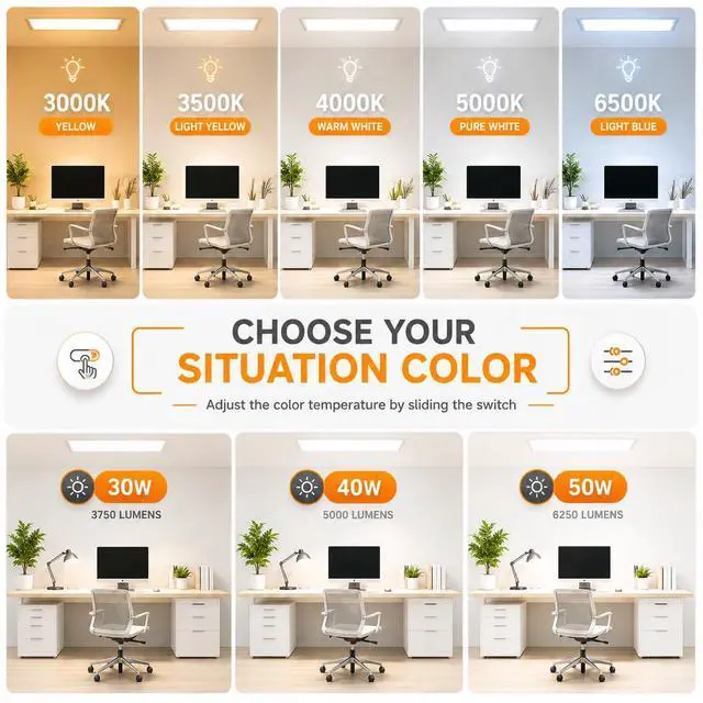 Alt view image 3 of 6 - 1x4 Led Flat Panel Light Surface Mount Ceiling Light, 3CCT 3000K/4000K/5000K Dimmable, 30W/40W/46W 5060LM -Lit, Flush Mount or Drop Ceiling for Office Kitchen Garage, White (4 Pack)