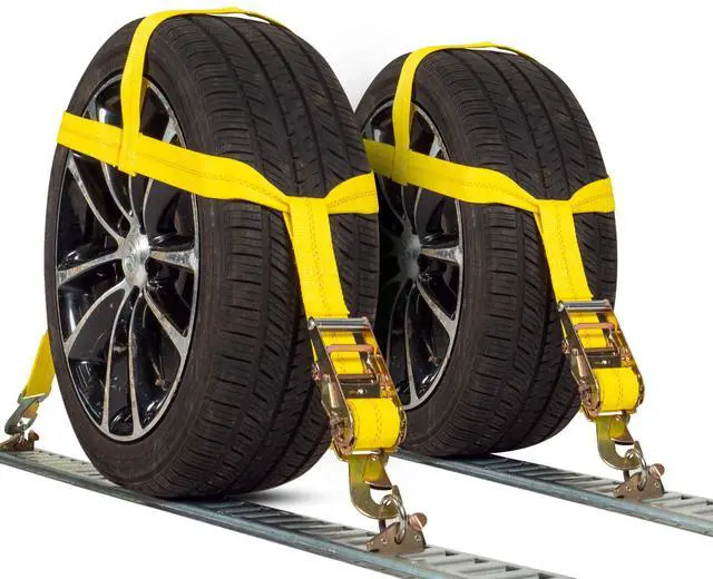 Main image of Tow Dolly Basket Straps with Flat Snap Hooks and Ratchets (2-Pack), Tow Dolly Straps Fit Tires 14-17 Inches, 12,000 LBS Break Strength, Tire Bonnet Tiedowns to Haul and Tow