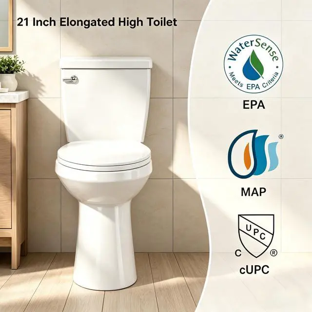 Alt view image 5 of 6 - 21" Two-Piece Elongated Toilet for Tall People, Extra Tall Comfort Height Toilet with 12" Rough-In, 1.28 GPF Water Saving, Soft Close Seat for Seniors & Pregnant women