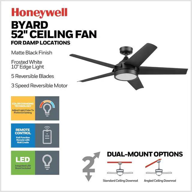 Alt view image 5 of 6 - Byard 52 Inch Indoor and Outdoor Ceiling Fan with Color Changing LED Light and Remote Control, 5 Blades, Matte Black