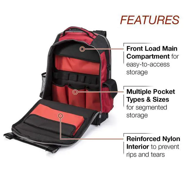 Alt view image 3 of 6 - Welders All-in-One Backpack | Tool, PPE and Electronics Storage | Adjustable External Storage Net | K3740-1, Black, Red, Grey