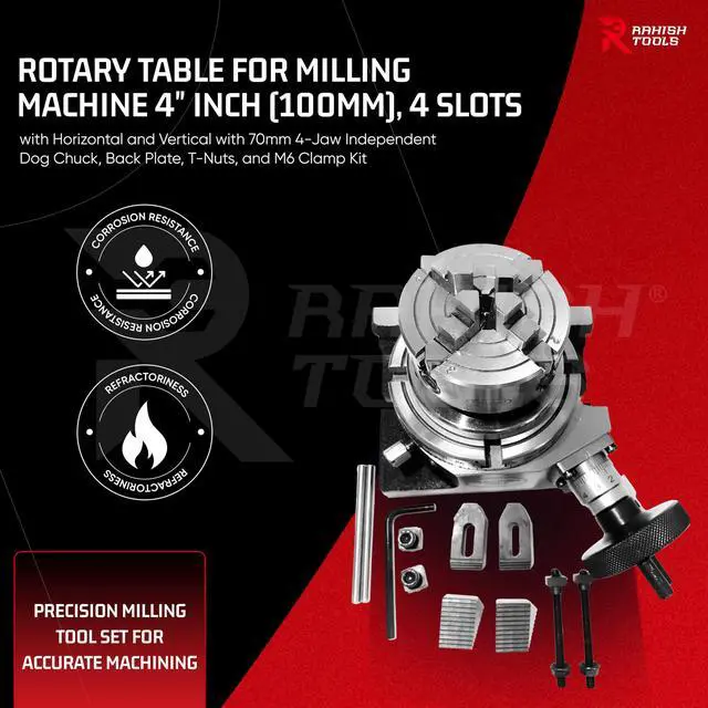 Alt view image 2 of 6 - Rotary Table for Milling Machines 4" Inches (100mm) 4 Slots Horizontal and Vertical with 70mm 4 Jaw Independent Dog Chuck with Back Plate and T-nuts with m6 clamp kit