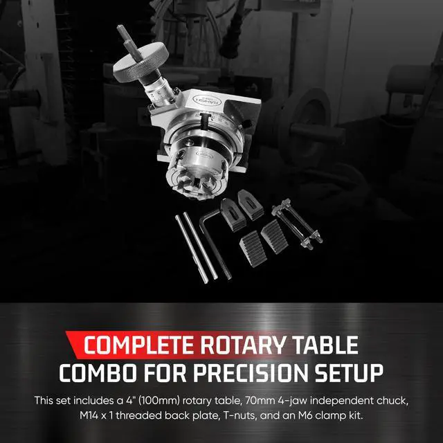 Alt view image 6 of 6 - Rotary Table for Milling Machines 4" Inches (100mm) 4 Slots Horizontal and Vertical with 70mm 4 Jaw Independent Dog Chuck with Back Plate and T-nuts with m6 clamp kit