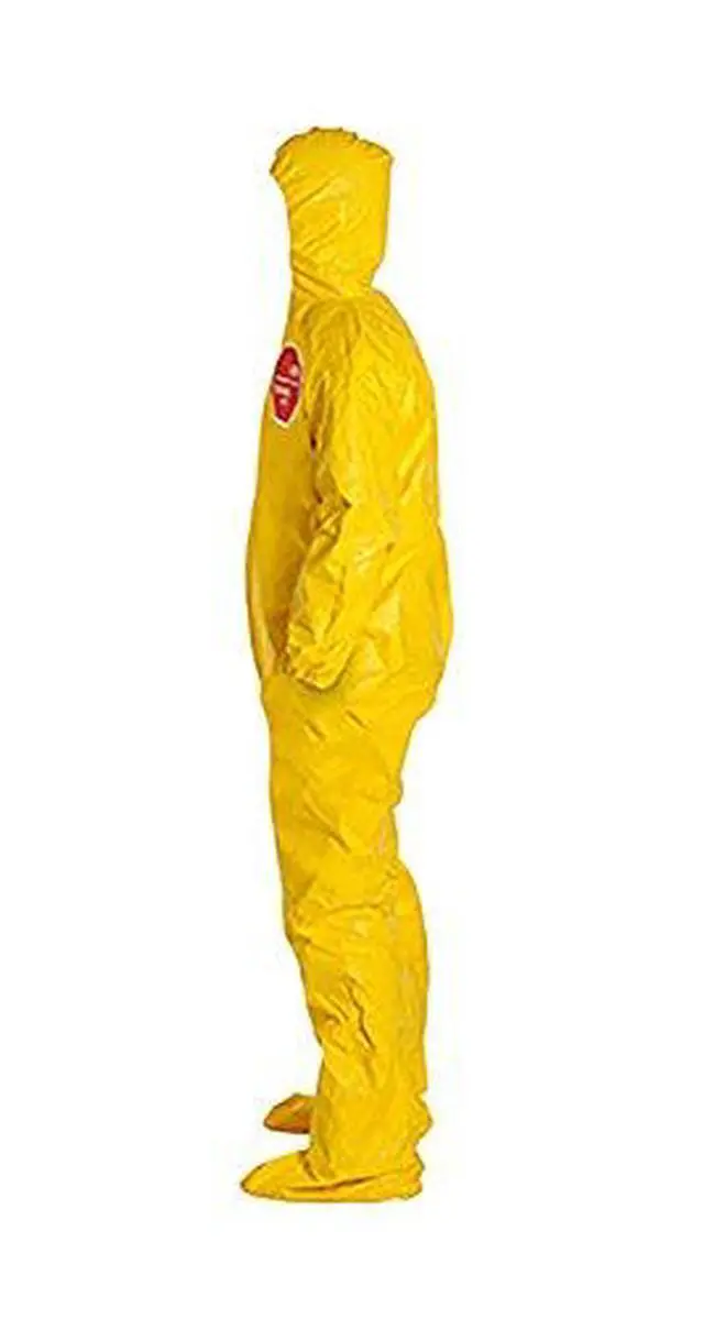 Alt view image 2 of 6 - Tychem 2000 Disposable Chemical Resistant Coverall with Elastic Cuff, Hood, Socks and Serged Seams, Yellow, X-Large, 12-Pack