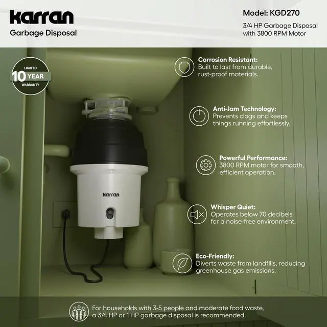 Alt view image 6 of 6 - 3/4 HP Quiet Garbage Disposal with Power Cord Powerful Continuous Feed Food Waste Disposer, Stainless Steel Grinding System, Compact Easy Install Design with Dishwasher Connector, Septic Safe