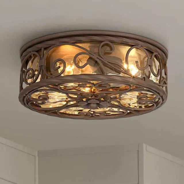 Main image of Casa Seville Rustic Flush-Mount Outdoor Ceiling Light Fixture Dark Walnut Scroll 12" Water Glass Damp Rated for Exterior House Porch Patio Outside Deck Garage Front Door Home