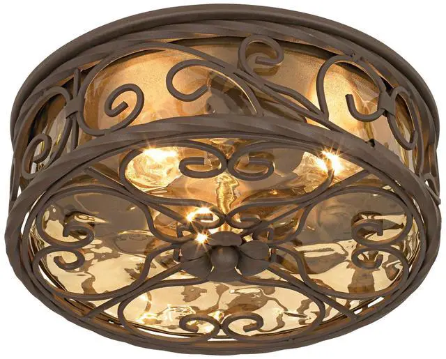 Alt view image 2 of 6 - Casa Seville Rustic Flush-Mount Outdoor Ceiling Light Fixture Dark Walnut Scroll 12" Water Glass Damp Rated for Exterior House Porch Patio Outside Deck Garage Front Door Home