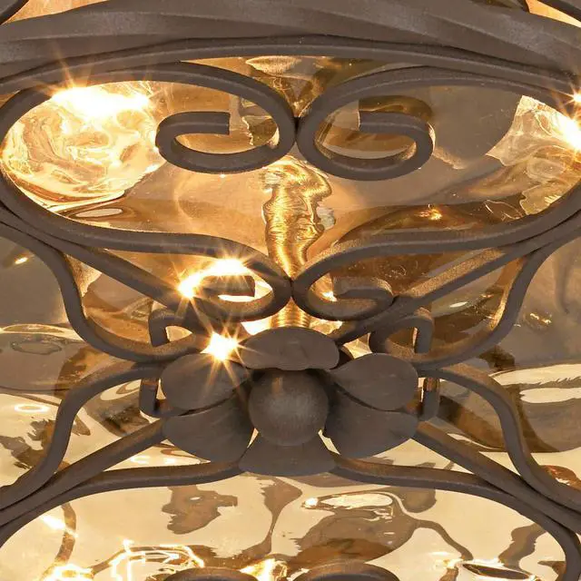 Alt view image 3 of 6 - Casa Seville Rustic Flush-Mount Outdoor Ceiling Light Fixture Dark Walnut Scroll 12" Water Glass Damp Rated for Exterior House Porch Patio Outside Deck Garage Front Door Home
