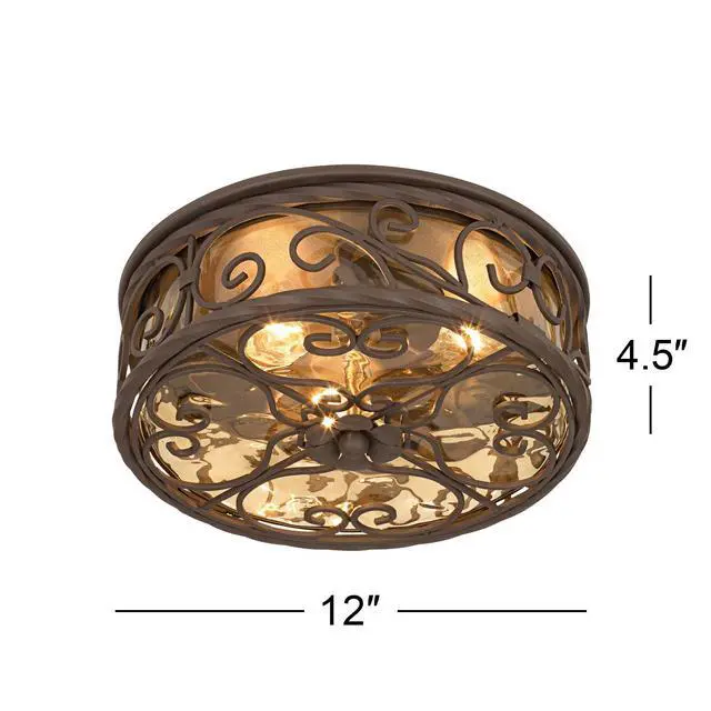 Alt view image 4 of 6 - Casa Seville Rustic Flush-Mount Outdoor Ceiling Light Fixture Dark Walnut Scroll 12" Water Glass Damp Rated for Exterior House Porch Patio Outside Deck Garage Front Door Home