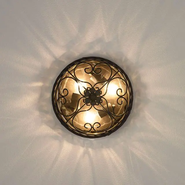 Alt view image 6 of 6 - Casa Seville Rustic Flush-Mount Outdoor Ceiling Light Fixture Dark Walnut Scroll 12" Water Glass Damp Rated for Exterior House Porch Patio Outside Deck Garage Front Door Home