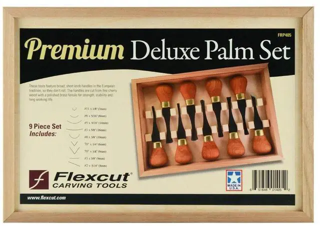 Main image of Wood Carving Tools Premium Deluxe Palm Set FRP405, 9-Piece,1095 High Carbon Steel Blades, Cherry Hardwood Handles, Made in the U.S.A