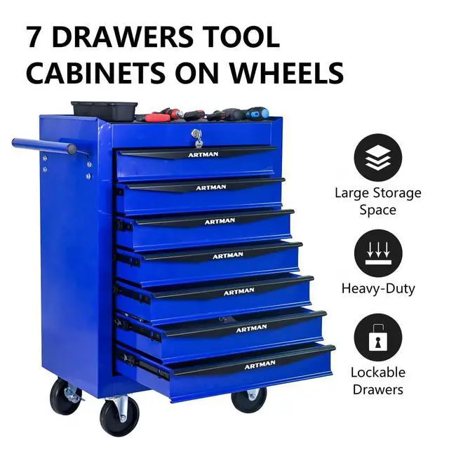 Alt view image 2 of 6 - Rolling Metal Tool Chest with 7 Drawers, 20" 7-Drawer Tool Chest Cabinet with Ball Bearing Drawer Slides, Steel Tool Storage Box Organizer -BLACK&BLUE