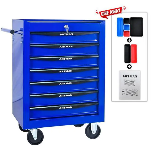 Alt view image 3 of 6 - Rolling Metal Tool Chest with 7 Drawers, 20" 7-Drawer Tool Chest Cabinet with Ball Bearing Drawer Slides, Steel Tool Storage Box Organizer -BLACK&BLUE