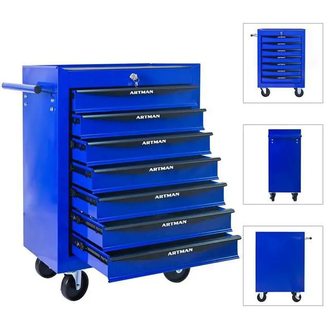 Alt view image 4 of 6 - Rolling Metal Tool Chest with 7 Drawers, 20" 7-Drawer Tool Chest Cabinet with Ball Bearing Drawer Slides, Steel Tool Storage Box Organizer -BLACK&BLUE