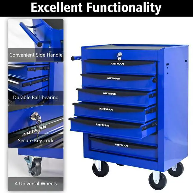 Alt view image 5 of 6 - Rolling Metal Tool Chest with 7 Drawers, 20" 7-Drawer Tool Chest Cabinet with Ball Bearing Drawer Slides, Steel Tool Storage Box Organizer -BLACK&BLUE