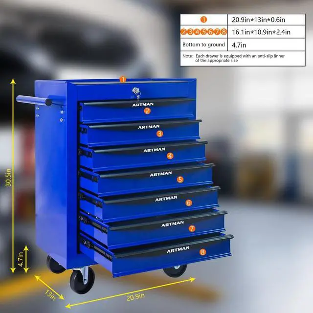 Alt view image 6 of 6 - Rolling Metal Tool Chest with 7 Drawers, 20" 7-Drawer Tool Chest Cabinet with Ball Bearing Drawer Slides, Steel Tool Storage Box Organizer -BLACK&BLUE