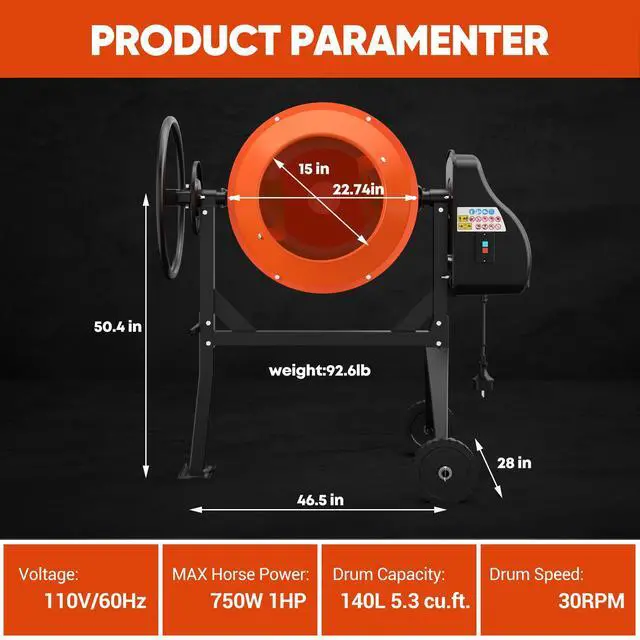 Alt view image 3 of 6 - Electric Cement Mixer, 5.3 Cu.Ft. 750W 1HP Heavy Duty Portable Concrete Mixer Machine with Wheel & Stand for Stucco, Mortar, Seeds, Orange