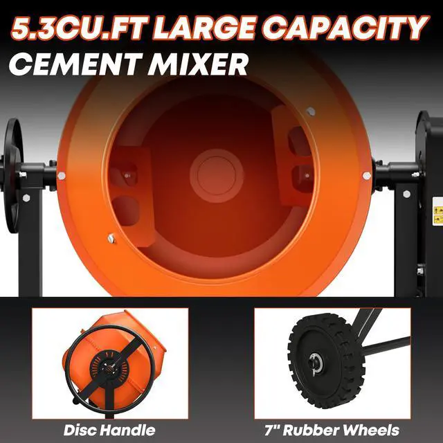 Alt view image 5 of 6 - Electric Cement Mixer, 5.3 Cu.Ft. 750W 1HP Heavy Duty Portable Concrete Mixer Machine with Wheel & Stand for Stucco, Mortar, Seeds, Orange