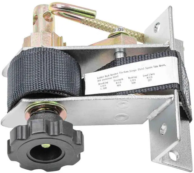 Alt view image 4 of 6 - 2 Pk 1-1/2" x 7' Ladder Rack Ratchet Tie-Down Straps (Pair) Square Tube Mount, 304 Stainless Steel