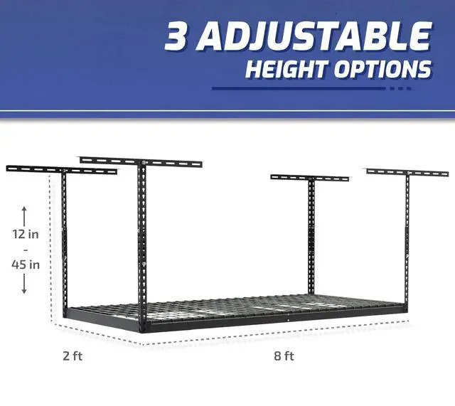 Alt view image 4 of 6 - 3x8 Overhead Garage Storage Rack - 500 Pound Weight Capacity Height Adjustable Steel Ceiling-Mounted Rack with Accessories (Hammertone) (12"-21")