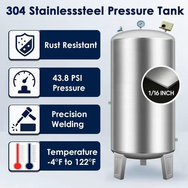 Alt view image 2 of 6 - 1" NPT Well Pressure Tank 25 Gallon, Stainless Steel Water Storage Tank/Vertical Water Pressurized Container for Well Systems & Pump, Outdoor/Garden/Farm/Basement (100L/25Gal)