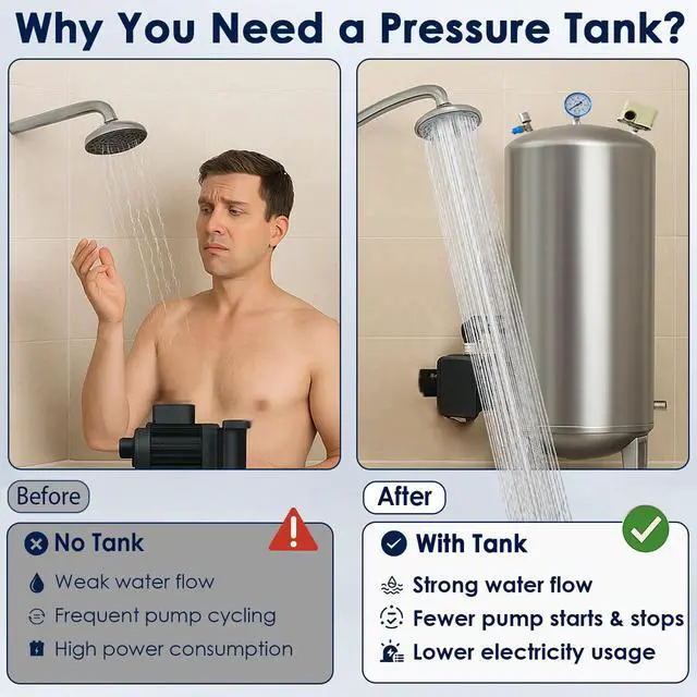 Alt view image 4 of 6 - 1" NPT Well Pressure Tank 25 Gallon, Stainless Steel Water Storage Tank/Vertical Water Pressurized Container for Well Systems & Pump, Outdoor/Garden/Farm/Basement (100L/25Gal)