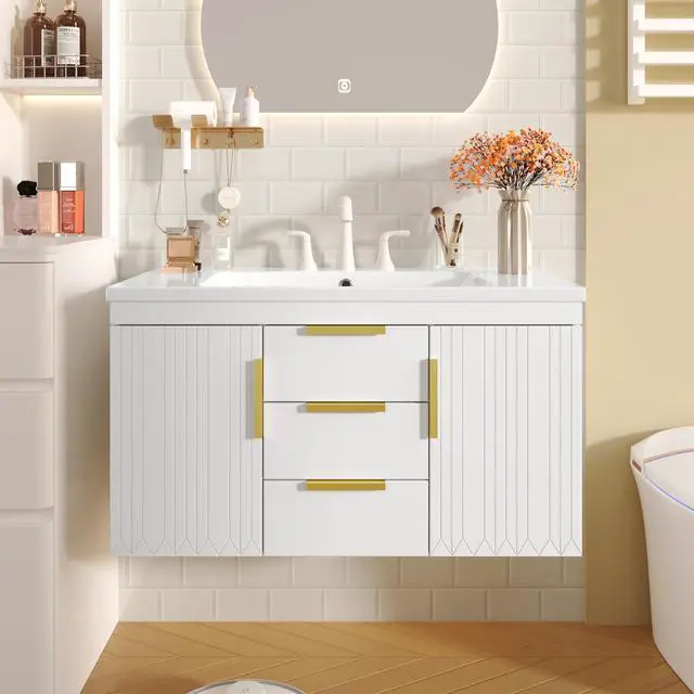 Main image of 36 Inch Floating Bathroom Vanity Cabinet with Sink, Modern Fluted Wall Mounted Bathroom Vanity with 2 Drawers & 2 Doors, Gold Metal Pulls, Single Sink Vanity Top