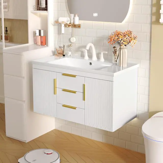 Alt view image 3 of 6 - 36 Inch Floating Bathroom Vanity Cabinet with Sink, Modern Fluted Wall Mounted Bathroom Vanity with 2 Drawers & 2 Doors, Gold Metal Pulls, Single Sink Vanity Top