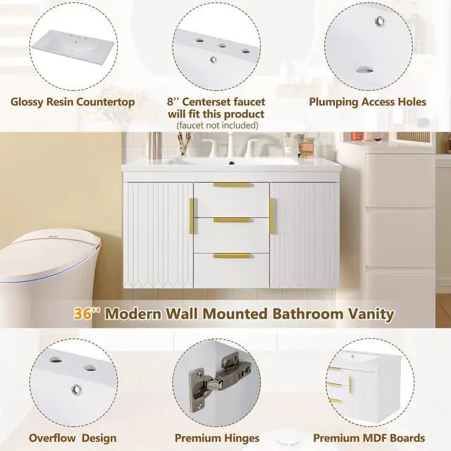 Alt view image 4 of 6 - 36 Inch Floating Bathroom Vanity Cabinet with Sink, Modern Fluted Wall Mounted Bathroom Vanity with 2 Drawers & 2 Doors, Gold Metal Pulls, Single Sink Vanity Top