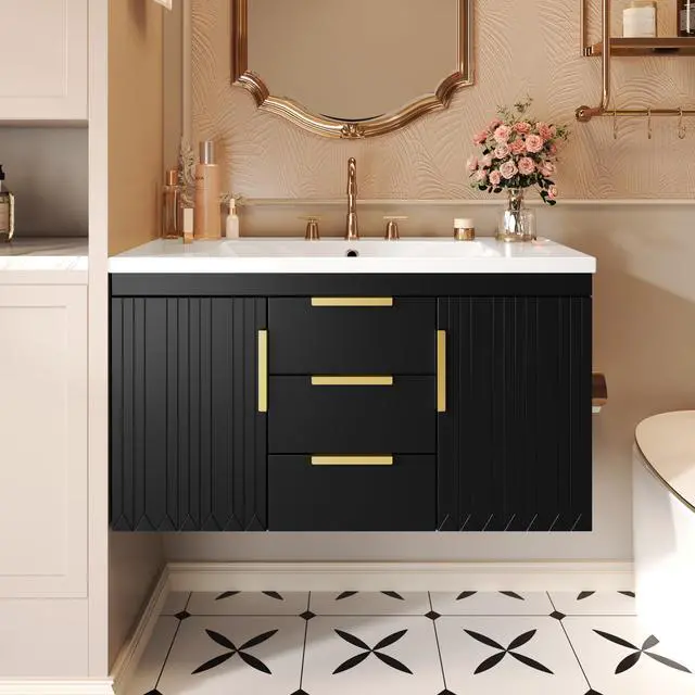 Main image of 36 Inch Floating Bathroom Vanity Cabinet with Sink, Modern Fluted Wall Mounted Bathroom Vanity with 2 Drawers & 2 Doors, Gold Metal Pulls, Single Sink Vanity Top