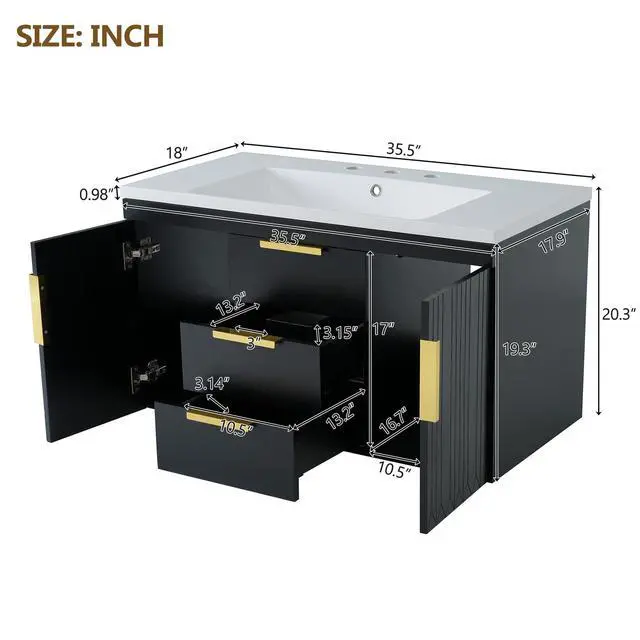 Alt view image 2 of 6 - 36 Inch Floating Bathroom Vanity Cabinet with Sink, Modern Fluted Wall Mounted Bathroom Vanity with 2 Drawers & 2 Doors, Gold Metal Pulls, Single Sink Vanity Top