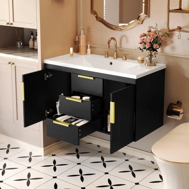 Alt view image 3 of 6 - 36 Inch Floating Bathroom Vanity Cabinet with Sink, Modern Fluted Wall Mounted Bathroom Vanity with 2 Drawers & 2 Doors, Gold Metal Pulls, Single Sink Vanity Top