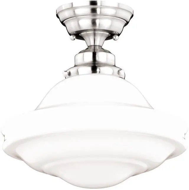 Main image of Huntley 12 Inch Schoolhouse Semi Flush Light, Satin Nickel Finish, White Milk Glass, Dimmable Ceiling Mounted Lighting