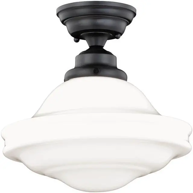 Main image of Huntley 12 Inch Schoolhouse Semi Flush Light, Oil Rubbed Bronze Finish, White Milk Glass, Dimmable Ceiling Mounted Lighting