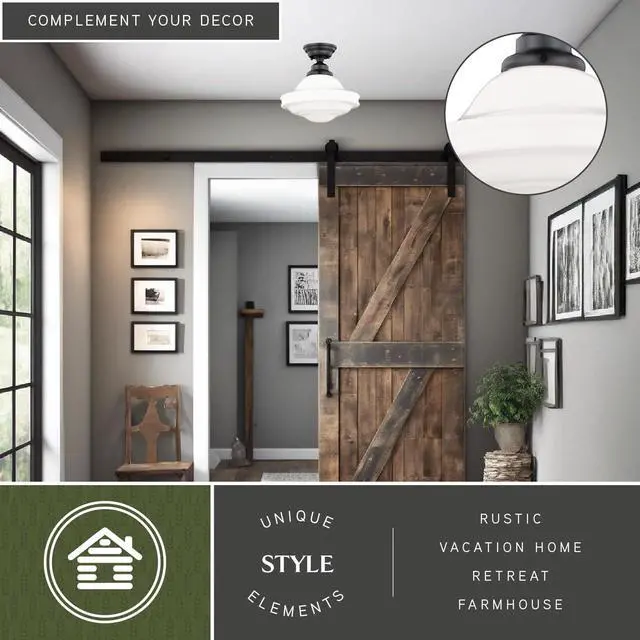 Alt view image 2 of 6 - Huntley 12 Inch Schoolhouse Semi Flush Light, Oil Rubbed Bronze Finish, White Milk Glass, Dimmable Ceiling Mounted Lighting