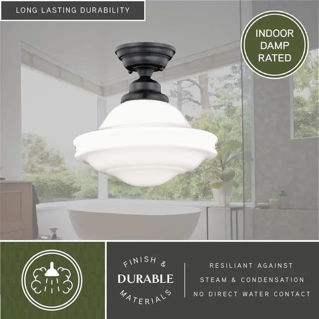 Alt view image 5 of 6 - Huntley 12 Inch Schoolhouse Semi Flush Light, Oil Rubbed Bronze Finish, White Milk Glass, Dimmable Ceiling Mounted Lighting