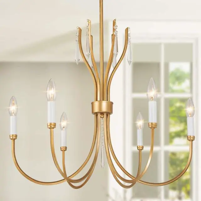 Main image of Antique Gold Chandelier for Dining Room, 6-Light Gold Chandeliers with Crystal, Vintage Modern Chandelier Hanging Light Fixtures in Brushed Finish for Kitchen Island, Living Room, Foyer