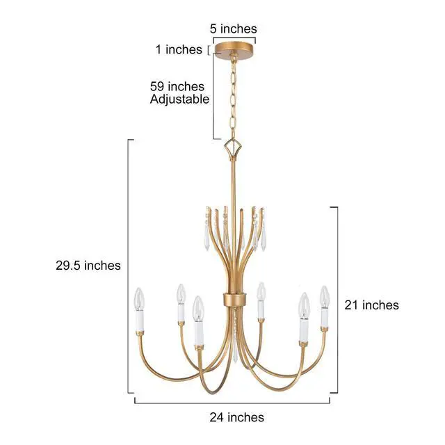 Alt view image 4 of 6 - Antique Gold Chandelier for Dining Room, 6-Light Gold Chandeliers with Crystal, Vintage Modern Chandelier Hanging Light Fixtures in Brushed Finish for Kitchen Island, Living Room, Foyer