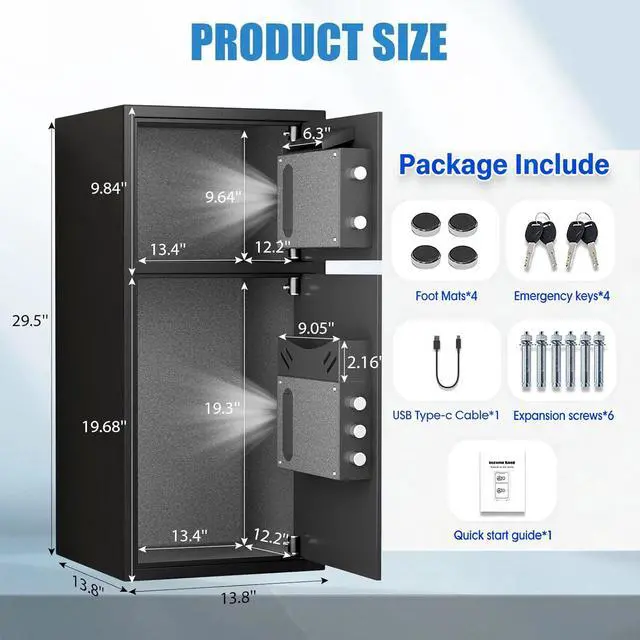 Alt view image 2 of 6 - 6.5 Cu Ft Fireproof Waterproof Safe Box with Fingerprint & Password Lock, LED Light, Deposit Slot & Dual Alarm System, Large Home Security Safe for Documents, Cash, Pistols, Valuables