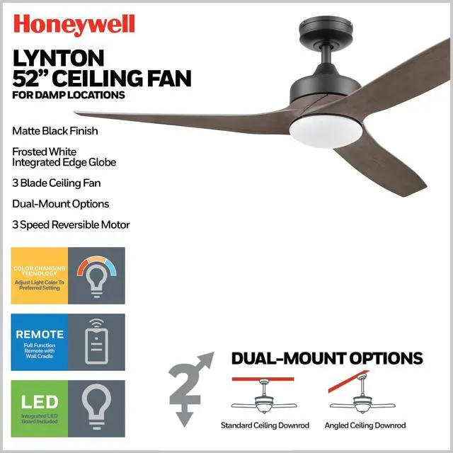 Alt view image 3 of 6 - Ceiling Fans Lynton, 52 Inch Indoor Outdoor Ceiling Fan with Color Changing LED Light, Remote Control, Charcoal Brown High Performance Blades, Reversible Airflow - 51853-01 (Black)