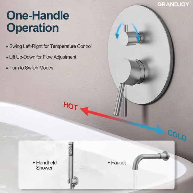 Alt view image 3 of 6 - Brushed Nickel Wall Mount Bathtub Faucet with Handheld Shower, High Flow Tub Filler, Solid Brass Rough-in Valve Included, Single Handle Bathroom Fixture
