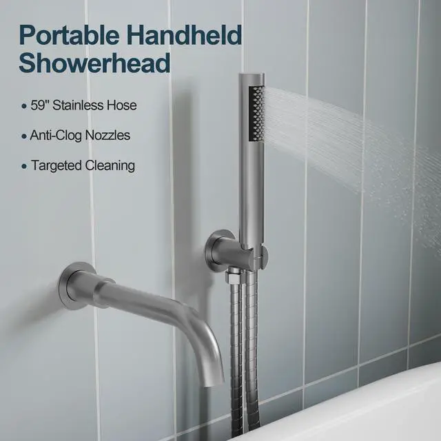 Alt view image 6 of 6 - Brushed Nickel Wall Mount Bathtub Faucet with Handheld Shower, High Flow Tub Filler, Solid Brass Rough-in Valve Included, Single Handle Bathroom Fixture