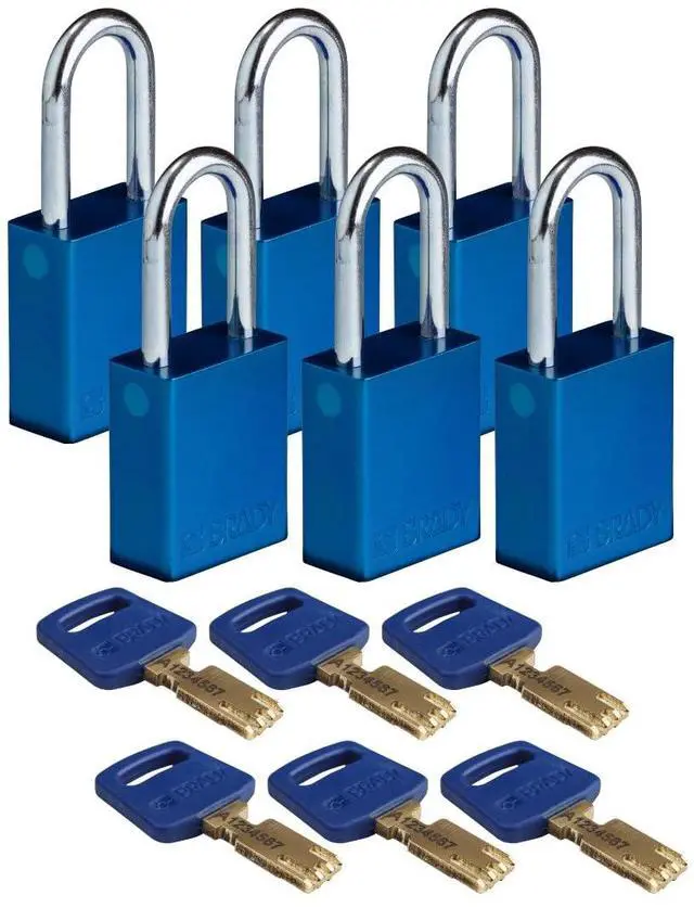 Main image of SafeKey Lockout Padlock Aluminum Blu 1.5" Steel Shkl Keyed Different 6 Pk