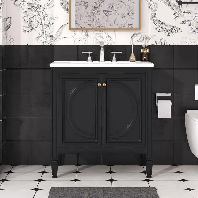 Main image of 30 Inch Black Bathroom Vanity with Sink,Vintage Bathroom Sink Cabinet 30 Inch,Drop-In with Integrated Countertop,2 Storage Door Organizers & Sliding Tray,Adjustable Shelf,Soft Closing,Solid Wood Frame