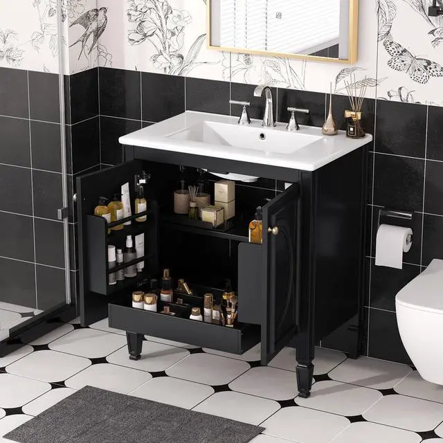 Alt view image 3 of 6 - 30 Inch Black Bathroom Vanity with Sink,Vintage Bathroom Sink Cabinet 30 Inch,Drop-In with Integrated Countertop,2 Storage Door Organizers & Sliding Tray,Adjustable Shelf,Soft Closing,Solid Wood Frame