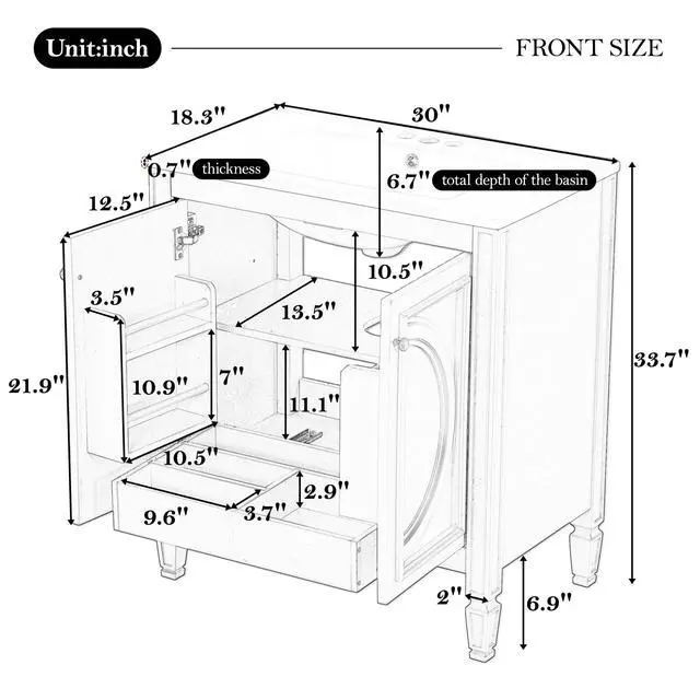 Alt view image 4 of 6 - 30 Inch Black Bathroom Vanity with Sink,Vintage Bathroom Sink Cabinet 30 Inch,Drop-In with Integrated Countertop,2 Storage Door Organizers & Sliding Tray,Adjustable Shelf,Soft Closing,Solid Wood Frame