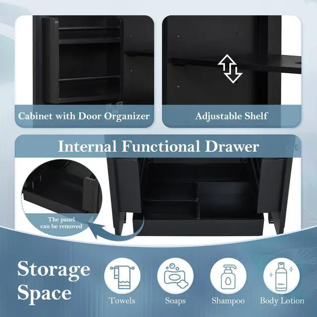 Alt view image 5 of 6 - 30 Inch Black Bathroom Vanity with Sink,Vintage Bathroom Sink Cabinet 30 Inch,Drop-In with Integrated Countertop,2 Storage Door Organizers & Sliding Tray,Adjustable Shelf,Soft Closing,Solid Wood Frame